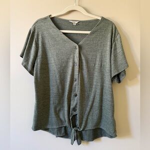 Weatherproof Vintage Forest Green Flutter Sleeve Button Down Top with tie front